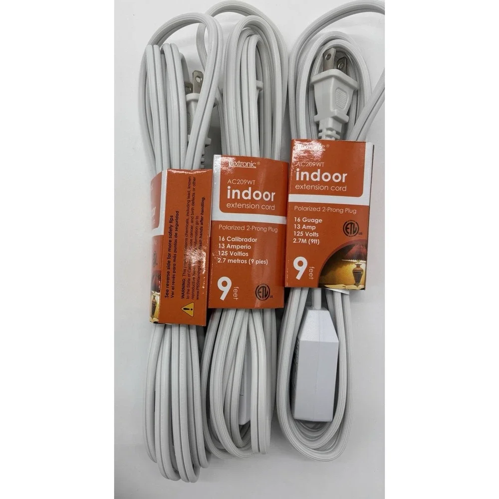 Tuxtronic Indoor Extension Cord 3-Pack (9ft, 16 Gauge, 2-Prong Polarized) White